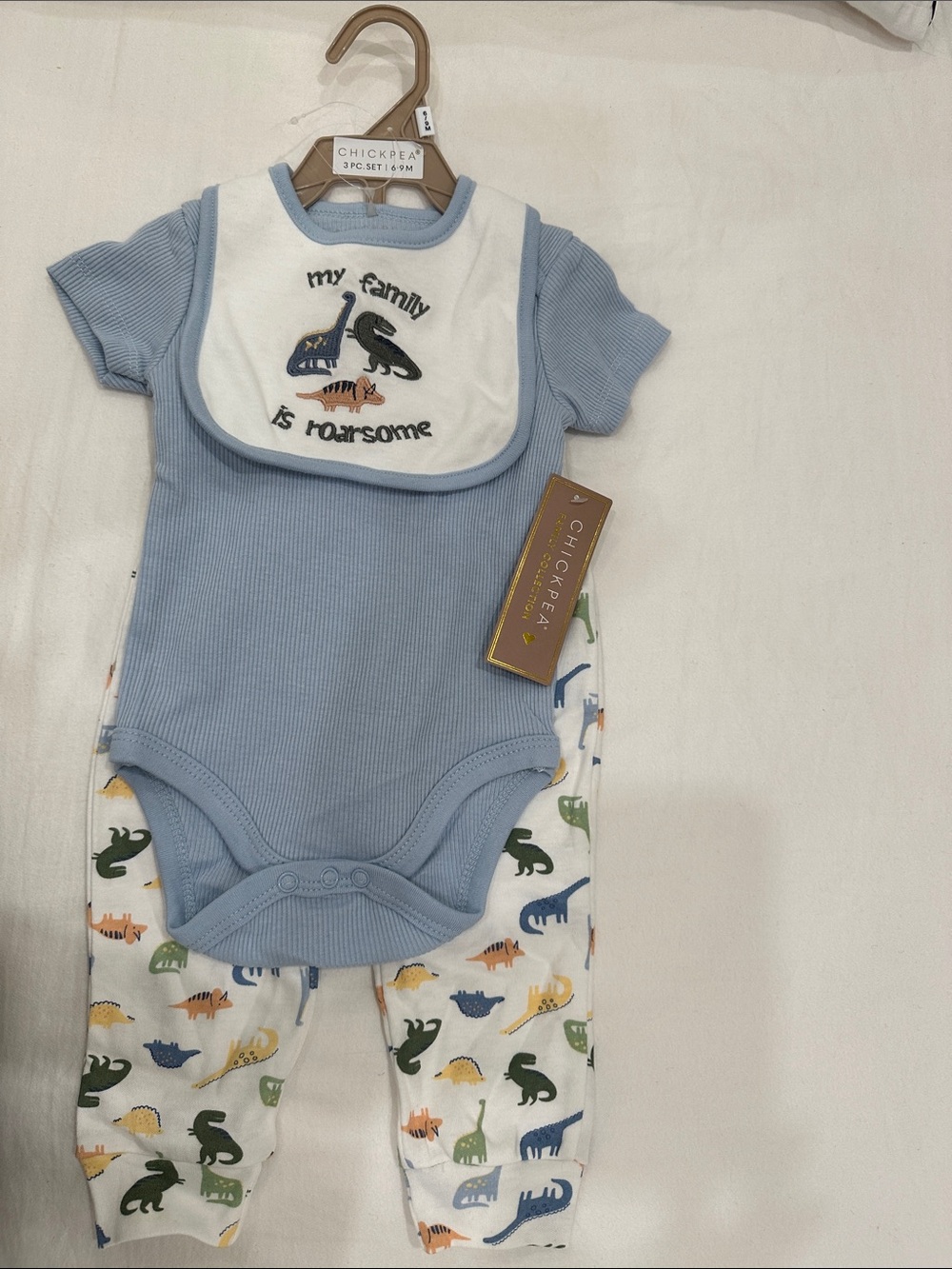 NWT Chick pea 3pc Blue Baby Bodysuit Set with Dino Bib and Pants Set